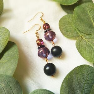 Gothic Plum Glass & Black Agate Drop Earrings – 24k Gold Plated Stainless Hooks